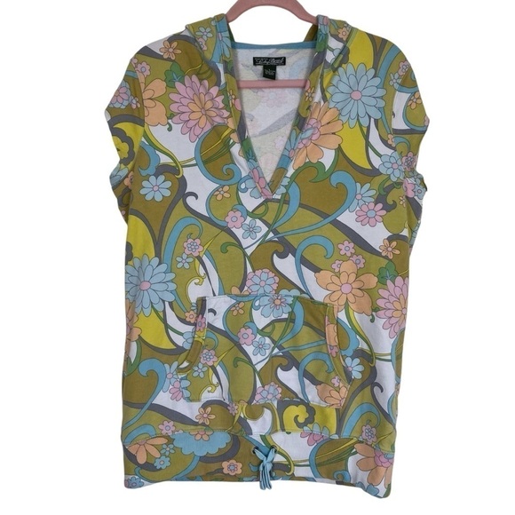 Lucky Brand Y2K Sweatshirt Cap Sleeve Hooded Vest Groovy Flower Power 70s Print - Picture 1 of 16